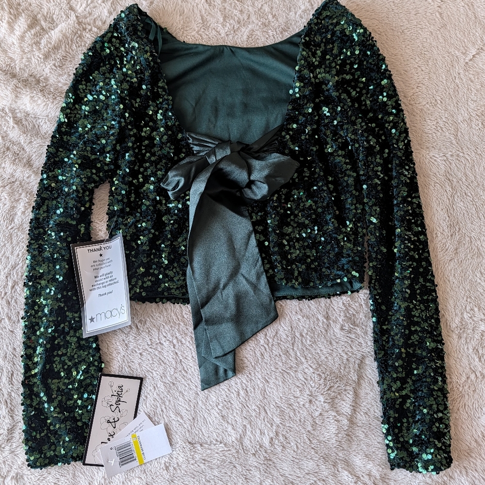 Alex & Sophia Juniors' Women's Green Sequins Long Sleeve Tie-Back Top Size M - Picture 2 of 4